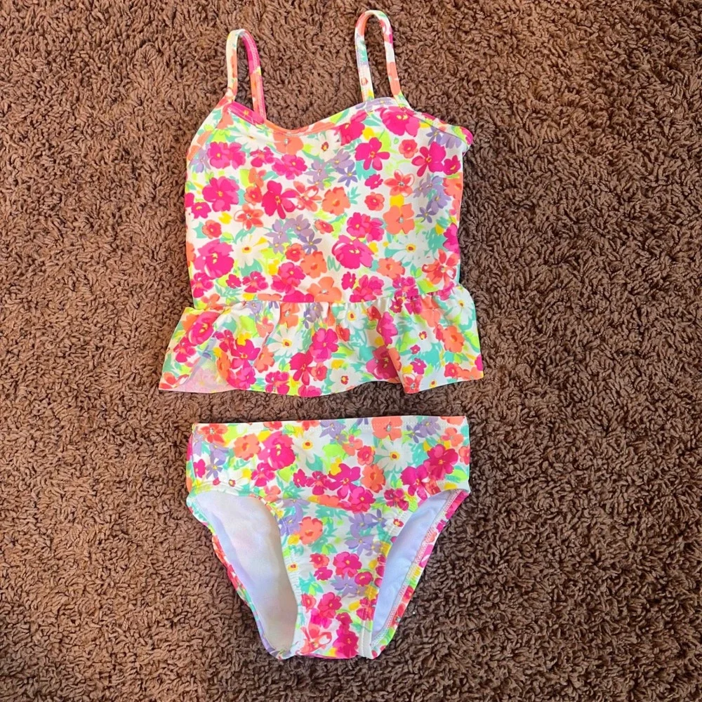The Childrens Place Girls 3T Floral Tankini‎ Two Piece Swimsuit Pink Orange Teal